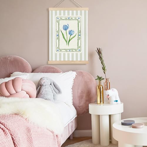 Image of PQKIY Grandmillennial Blue and Green Tulip Wall Art Poster Hanger Frame 12x16 in, French Country Cottagecore Floral Botanical Striped Wall Decor Canvas Prints for Home Bedroom Living Room