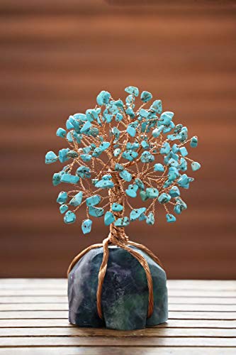 Image of Crocon Howlite Green Turquoise Gemstone Money Tree with Fluorite Rough Wire Wrapped Base | Feng Shui Bonsai | Ornament Figurine | Chakra Balancing | Reiki Crystal Healing | Spiritual | Decor Size 5-6 inch