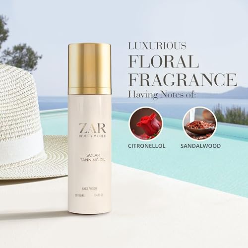 Image of ZAR Solar Tanning Oil with SPF, Tanning Accelerator for Beach and Ski, Outdoor Sunscreen Spray for Face and Body, Travel Size, Luxury Floral Scent, 100 ml / 3.4 oz