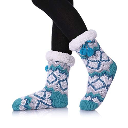 SDBING Women's Super Soft Warm Cozy Fuzzy Fleece lined Twist Non-Slip Winter Slipper Socks (Turquoise A)