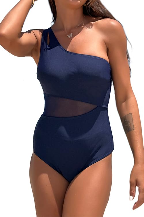 Women's Sexy One Shoulder One Piece Swimsuit for Women Tummy Control Bathing Suits Slimming Mesh Swimwear