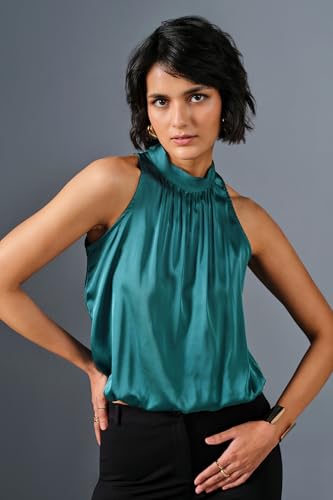 Image of Women's Pink Satin Sleeveless High-Neck Top | Elegant Shiny Office Wear Blouse for Ladies | Stylish Halter Neck Satin Top for Formal, Casual & Evening Outfits
