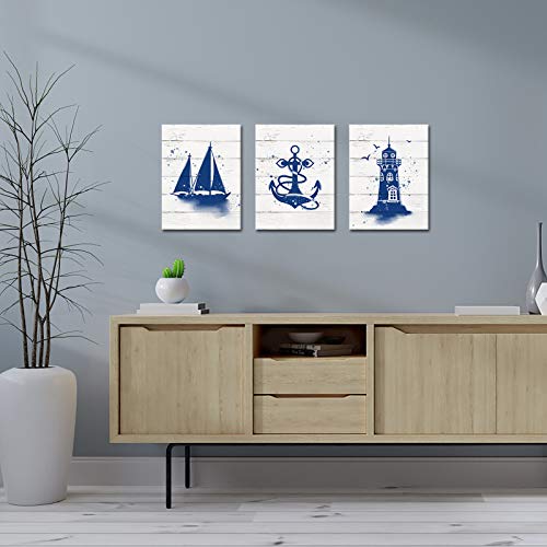 Rnnjoile Nautical Bathroom Decor Wall Art Blue Anchor Sailboat Lighthouse Canvas Pictures Navy Ocean Theme Kitchen Painting #TOP2