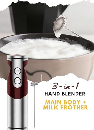 Image of MegaWise 3-in-1 Hand Blender Set with Variable Speed Control, 400W Immersion Blender - Includes Whisk, Milk Frother, Chopper, and Beaker for Smoothies, Soups, and Baby Food (RED)