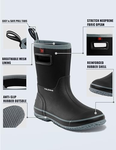 Image of Trudave Rubber Rain Boots for Men, Neoprene Waterproof Rain Boots, Mid Calf All-Season Mud Boots, Insulated Warm Outdoor Work Shoes for Hunting, Gardening, Farming, Yard Working