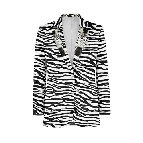 Hawapod Mens Blazer Casual Zebra Print Oversized Suit Jacket Fashion Streetwear Party Lapel One Button White Blazer Coat for Men