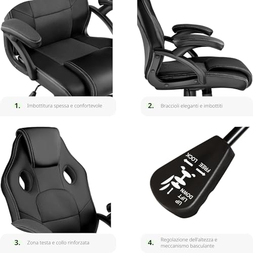 ® Sedia da Ufficio Ergonomica, Sedia Scrivania con Rotazione 360°, Imbottitura Confortevole, Rivestimento Similpelle, Poltrona Gaming con Altezza Regolabile, 5 Rotelle Doppie - Nero - Sedia gaming - Immagine 4