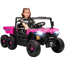 Qaba 24V Kids Ride On Car with 6 Wheels, 4WD Electric Ride On Dump Truck with Remote Control, Wheel Suspension, Off-Road UTV with LED Lights, Horn and Music for Kids 3-6 Years Old, Pink
