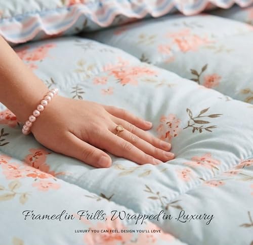 Image of HOMEKART 280 TC King Size Cotton 4pc AC Comforter Set: Soft Frill Quilt, Bedding Set Flat Sheet & 2 Frill Pillow Covers (Sky Blue and Peach Floral)