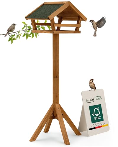 Moorland Nichoir Mangeoire Oiseaux Exterieur sur Pied 101 cm – Mangeoire Cabane Oiseaux en Bois Bruin pour Jardin Balcon Terrasse – Toit Bitumé Résistant aux Intempéries Toute l'Année – VH3