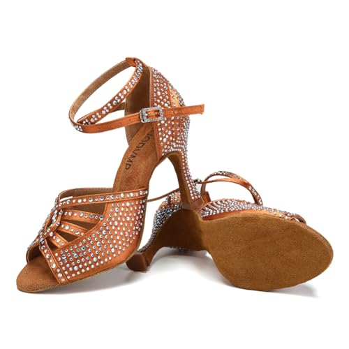 Image of JUODVMP Women's Latin Dance Shoes Rhinestones Satin Ballroom Dancing Shoes Salsa Professional Dance Shoes