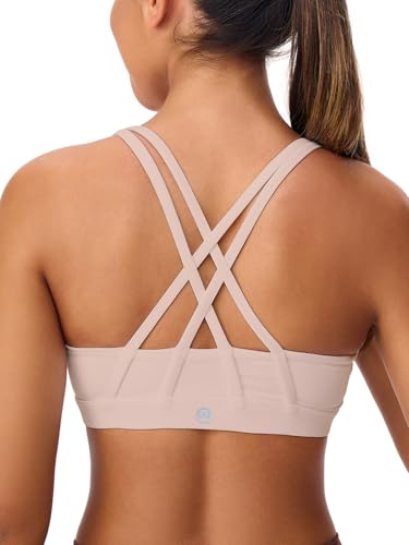 Image of Women's Strappy Sports Bras Light Compression Crop Criss Cross Back Padded Workout Yoga Bra Supportive U Neckline