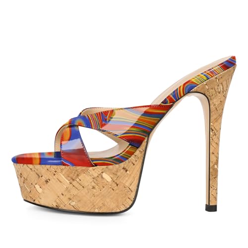 Image of Esvowido Heeled Mules for Women Cork Platform Stiletto Heels Slip on Open Toe High Heeled Sandals Crisscross Slippers Pumps Shoes