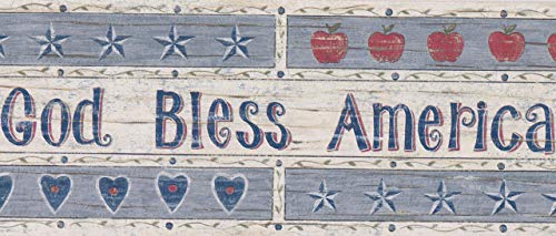 God Bless America Stars American Flag Apples Hearts Vintage Wallpaper Border Retro Design, Roll 15' X 4.5'' #TOP15