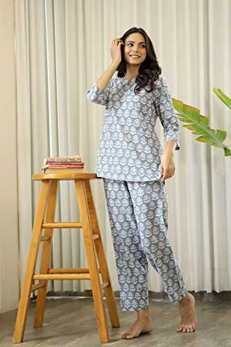 Image of SANSKRUTIHOMES Women's Premium 100% Cotton Printed Co-Ord Set | Short Sleeve Shirt & Pant Set | Pink Checkered Sun & Palm Tree Print | Casual Summer Resortwear, Vacation Wear & Comfortable Loungewear