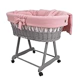 Wiklinopol Moseskorb Amelia Stubenwagen aus Weide mit Gestell & Matratze – Babykorb in Grau – Set Musselin-Bettwäsche in Rosa – Weidenkorb, Tragbar, Ideal für Neugeborene