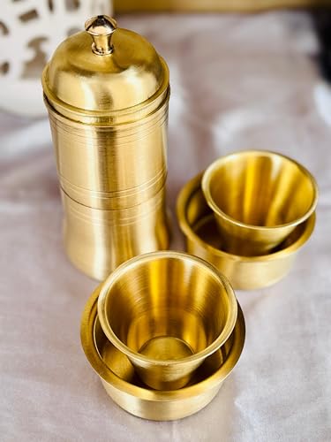 Image of Brass Coffee Filter and Dabara Set Traditional South Indian Style Handcrafted Metal Coffee Brewing and Serving Set Reusable Kitchen Drinkware with Cup and Tumbler | 471 gm - Gold