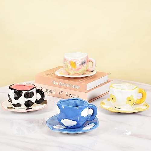 Image of Koythin 10oz Ceramic Mug With Saucer, Dark Blue Sky White Cloud Latte Cup