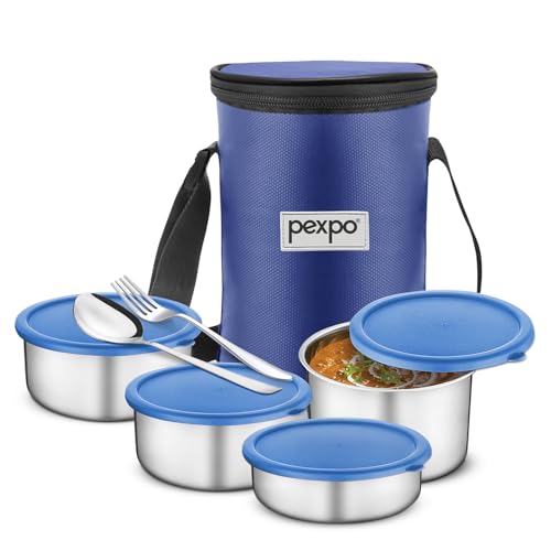 Image of Go24 pexpo Marvel-4 Stainless Steel Meal Box with 4 Containers(2 * 280ml, 200ml, 430ml), 1 Spoon & Bag - Blue |BPA Free Lid | Leak Proof | Lunch Box for Office Men and Women