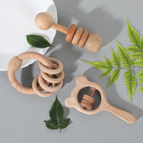 Image of Babbles Wooden Rattle Set for Babies 0-6 Months, 6-12 Months | New Born Toys | Baby Shower Gifts | New Born Baby Essentials | Rattle Toys (Ring+Dumbbell+Micky Head)