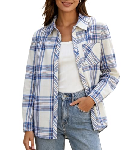 Image of SANGTREE Women and Girls Long Sleeve Flannel Casual Button Down Plaid Shirt