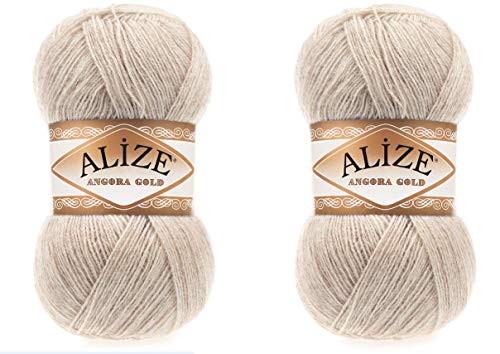 Alize Angora Gold Lot de 2 pelotes de laine 20 % laine 80 % acrylique doux 200 g 1204 m Fil turc à tricoter à la main (152 beige mélangé)