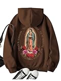 SHENHE Women's Graphic Loose Fit Virgin Mary Print Drawstring Hoodie Sweatshirt Pullover Coffee Brown Medium