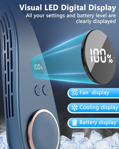 Neck Fan with Cooling Plate,5500mAh Neck Fans that Blow Cold Air Rechargeable Battery Operated,USB-C Bladeless Air Conditioner Cooling Plate AC Cooler,Quiet Head Wearable Hangs Around Neck Device Blue