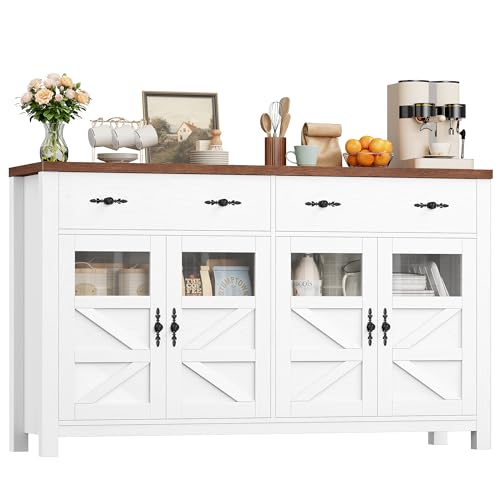 FirFurd Buffet 140cm Meuble de Cuisine avec Plan de Travail, 4 Placards Portes Vitrées 2 Tiroirs,...