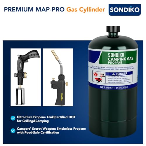 Image of Sondiko Propane Tank 2 Pack, High Purity 1LB Propane Cylinder Tank 16 oz, Factory Prefilled and DOT Compliant, Premium Propane to Broil Sous Vide for Welding Brazing Soldering