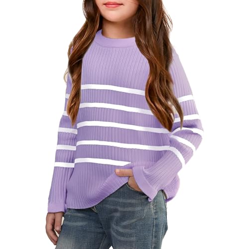 Image of OEBLD Girl's Striped Knit Oversized Fall Sweaters Fashion Long Sleeve Crewneck Pullover Sweater Trendy Tops