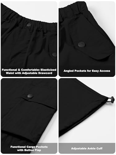 Image of Betusline Girls & Women's High Waist Wide Leg Cargo Pants Y2K Parachute Pants with Pockets and Drawstring 6 Years-Women 2XL