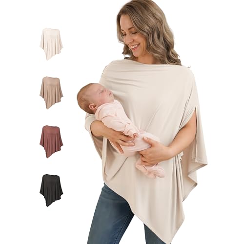 Konssy Knit Nursing Cover for Breastfeeding, 360 Full Privacy Breathable Breastfeeding Cover, Multi-use Carseat Canopy (Blush Beige)