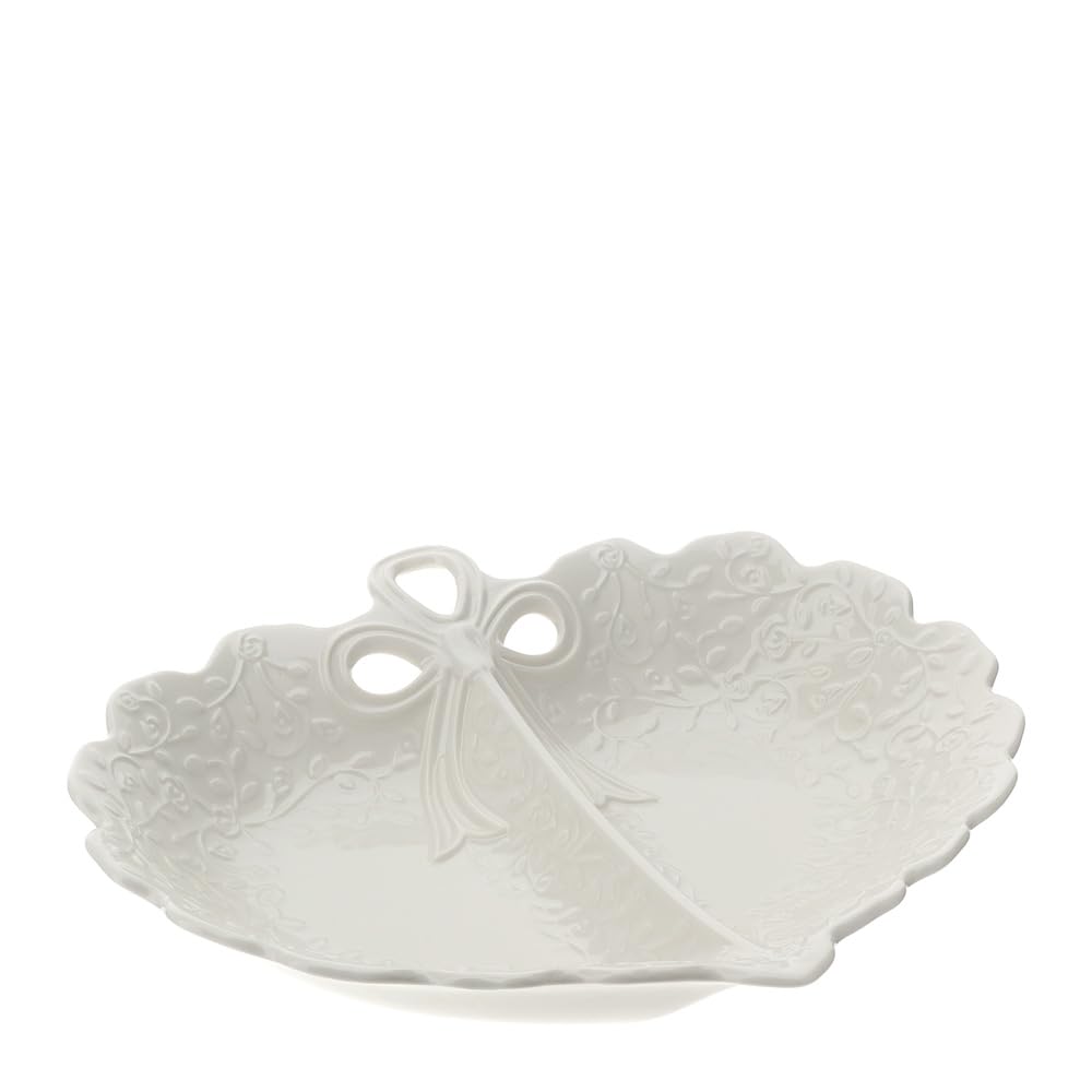 Hervit Piatto Snack in Porcellana Romance con rilievo di rose bianche - Scatola Regalo - Piatto a Forma di Cuore, Porta snack, Appetizer, Antipastiera, Aperitivo - 29x25cm