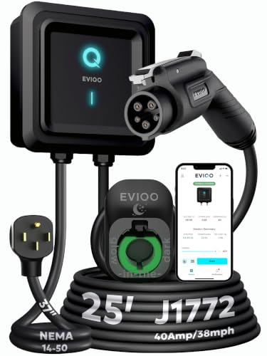 EVIQO Level 2 EV Charger, 40 Amp 240V, J1772 for Non-Tesla EVs, 25ft Cable, WiFi (2.4GHz) Smart App, Weatherproof Indoor/Outdoor (IP66, NEMA 4), UL & ETL Certified, NEMA 14-50 Plug-in, 9.6kW