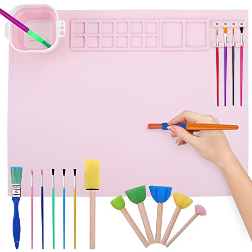 Kqpoinw Alfombrilla de Silicona para Manualidades, Alfombrilla de Pintura de Silicona Antiadherente de 40x50 cm para Manualidades con Tazas y Juego de Pinceles Sello de Esponja Plegable(Rosa) Cover