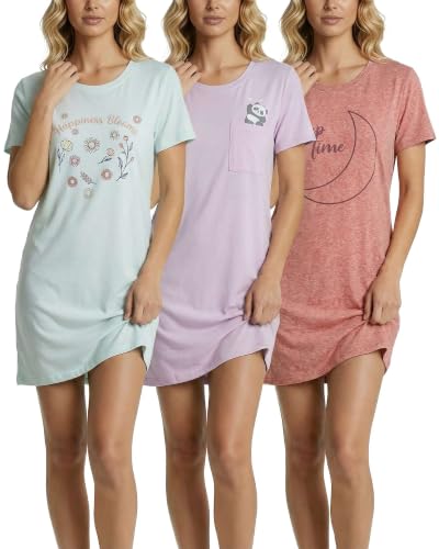 Image of Real Essentials 3 Pack: Women's Short Sleeve Nightgown Dress - Nightshirt Pajama Sleep Shirt Sleepwear (Available in Plus)
