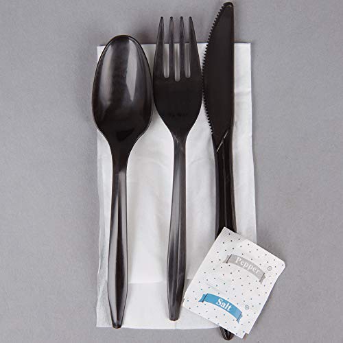 KitchenDine 100 Pack Medium Weight Wrapped Black Plastic Cutlery Pack with Napkin and Salt/Pepper Packets (Black)