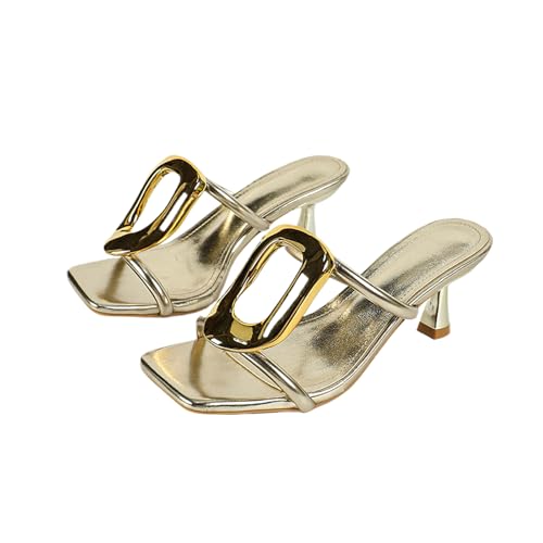 Women's Leather Metal Buckle Stiletto Heel Dress Slides Sandals Fashion Sexy Comfortable Square Open Toe Slip On High Heel Casual Mules for Party Wedding Daily Wear
