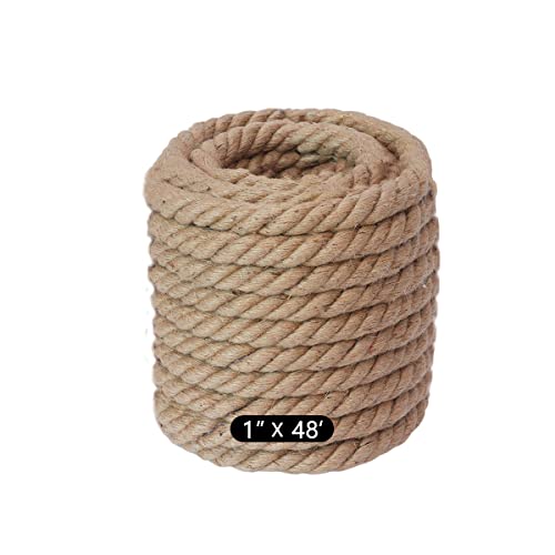 48 feet 1Inch Thick Manila Rope, JANNO Natural Twisted Hemp Rope for Tug War Home Garden Decorating, Hammock, Railings, Landscaping, Boat Fixing, Packing, DIY Arts Crafts, Cat Scratching Post and More