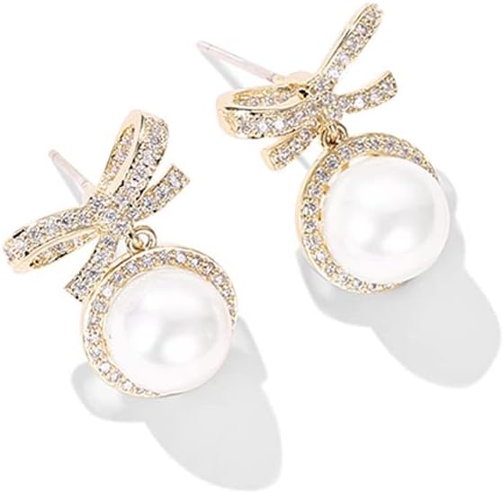 MIKAMU 14k Gold Ribbon Bow Stud Earrings for Women cubic zirconia Dainty Gold Plated Pearl Earring for Women Jewelry - Image 4