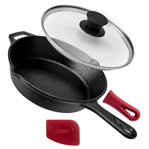 Image of Cuisinel Cast Iron Skillet with Lid - 8 inch-Inch Frying Pan + Glass Cover + Silicone Grip Handle Holder - Pre-Seasoned Cookware - Indoor /Outdoor, Grill, Stovetop, Camping Fire, Induction Oven Use