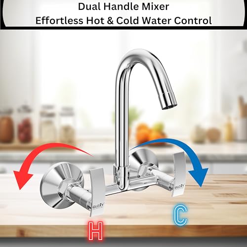 Image of Gloxy Premium Brass 2 in 1 Wall Mounted Sink Mixer with 360 Swivel Spout - Delight Lever Kitchen Sink Mixer With Chrome Finish - Hot & Cold Water Mixer for Bathroom & Kitchen Sink - 10 Years Warranty