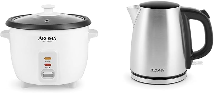 Aroma Housewares Aroma 6-cup cooked 1.5 Qt. One Touch Rice Cooker, White ARC-363NG, 6 cup cooked/ 3 cup uncook/ 1.5 Qt. & Housewares 1.0L / 4-cup Stainless Steel Electric Kettle AWK-267SB