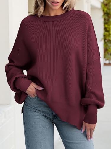 Image of ANRABESS Women Oversized Sweaters Batwing Long Sleeve 2026 Fall Outfits Crewneck Casual Knit Side Slit Fashion Pullover Top