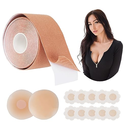 SOSHIEE Klebe BH Push Up Brust Tape,Boob Tape Bruststraffungsband 5m Mit 2 Wiederverwendbare Unsichtbar Silikon Brüste Nippelpads Breast Lift Tape für Damen Abendkleider, Hochzeitskleid