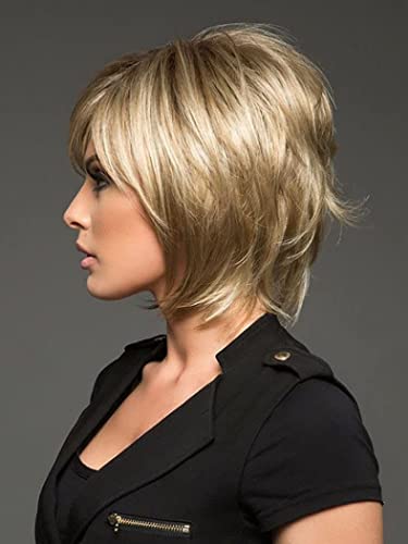 AIYLMZ Ladies Brown Short Fluffy Nature Side Part Wigs Blonde Short Straight Wigs for Women Hair Heat Resistant Full Wigs Short Layer Nature Hair (Gradient Blonde) - Image 3