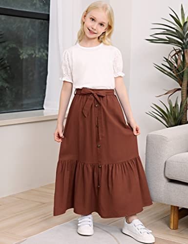 Image of Maxi Skorts Skirt for Girls Button Front High Waisted Long Skirt with Belt Ruffled Skirts with Pocket 3-12Years