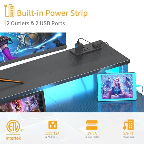 Image of DLisiting Black Gaming Desk with Fabric Drawers - 47 Inch Black Office Desk with File Cabinet Keyboard Tray Monitor Stand Power Outlets, Work PC Desks for Adult Boys Teen Home Office