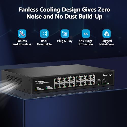 Image of Real HD 16 Port 2.5Gb Unmanaged Ethernet Network Switch with 16 x 2.5G Base-T Port, 2 x 10G SFP+, Work with 10-100-1000Mbps, 120G Bandwidth, Fanless Quiet, 19 in Rack Mount, Sturdy Metal Casing